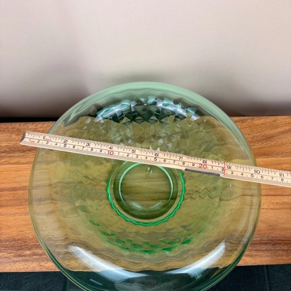 Imperial Glass Flat Diamond Green Uranium Glass Console Bowl Rolled Rim Vintage